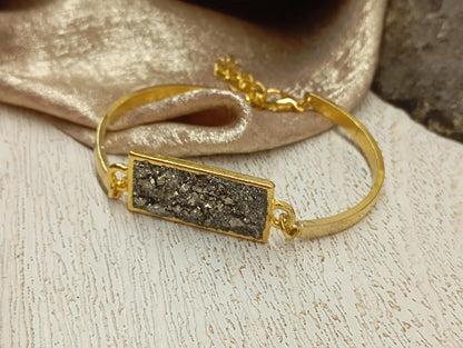 Raw Pyrite rectangular cabochon Bracelet, Wealth Stone, stainless steel gemstone bracelet women, protection healing mascot, handmade
