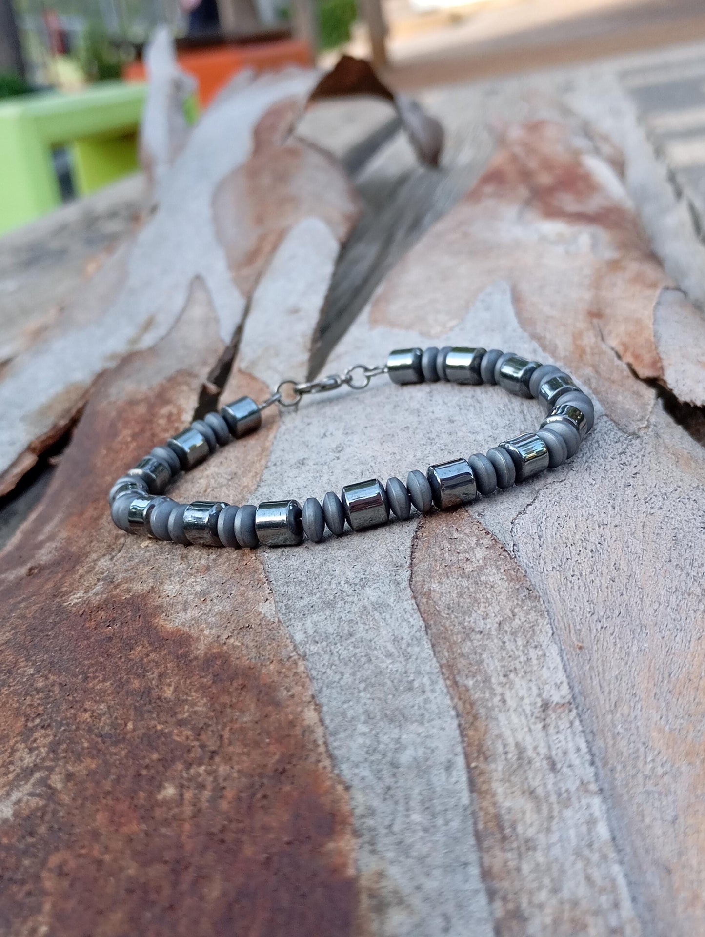 Hematite tube beaded bracelet men, natural Gemstone Bracelet, Healing, Energy, Grounding, Protection fashion Bracelet, gift for man