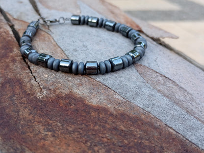 Hematite tube beaded bracelet men, natural Gemstone Bracelet, Healing, Energy, Grounding, Protection fashion Bracelet, gift for man