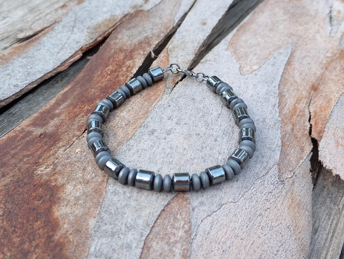 Hematite tube beaded bracelet men, natural Gemstone Bracelet, Healing, Energy, Grounding, Protection fashion Bracelet, gift for man