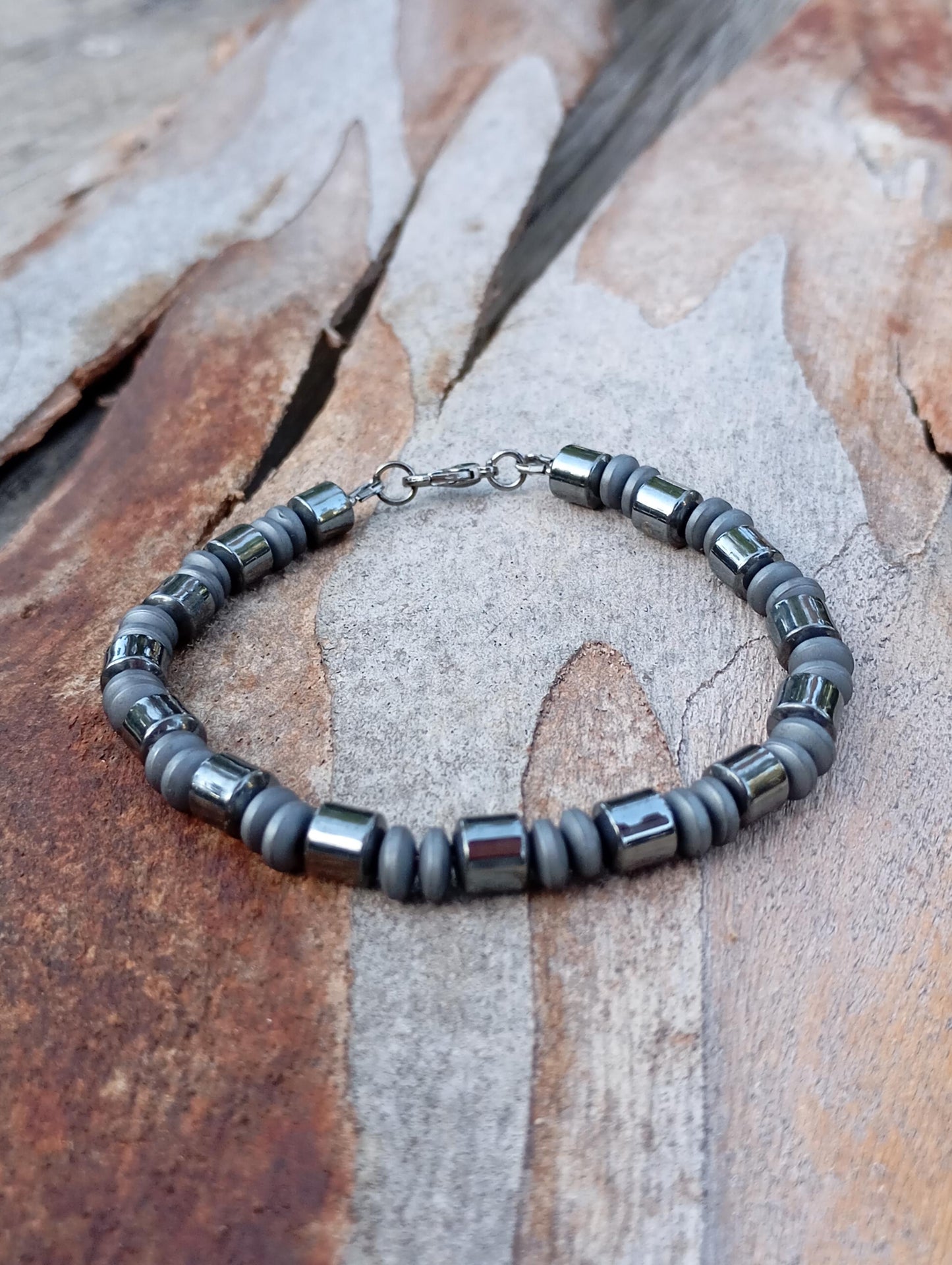 Hematite tube beaded bracelet men, natural Gemstone Bracelet, Healing, Energy, Grounding, Protection fashion Bracelet, gift for man