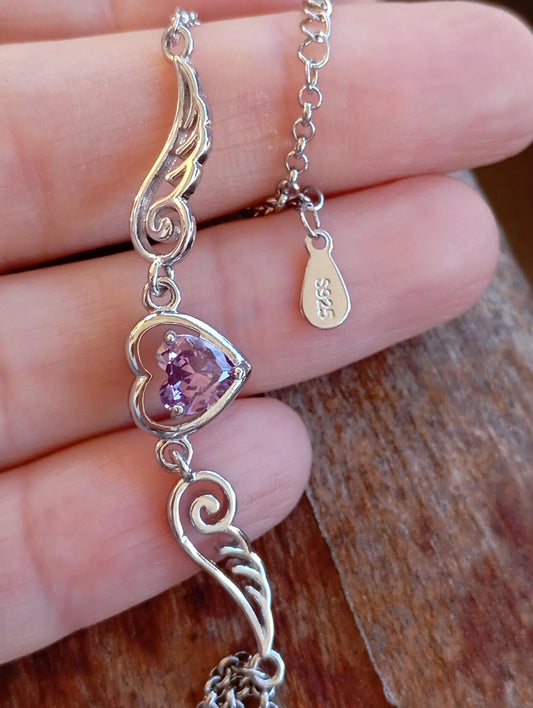 Purple Zircon Heart Angel Wings link chain Necklace, sterling silver, love charm trendy bohemian, gift for women