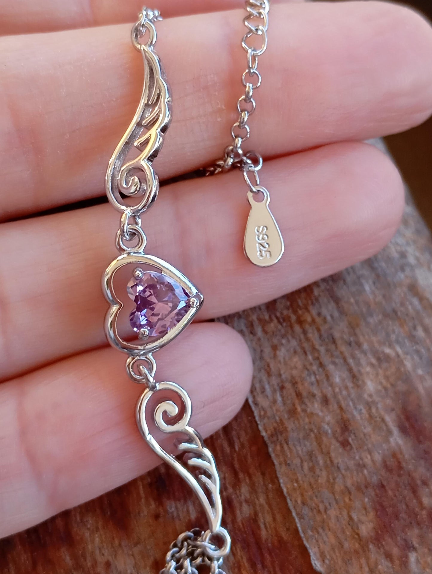 Purple Zircon Heart Angel Wings chain bracelet, sterling silver, love charm trendy  bohemian, gift for women
