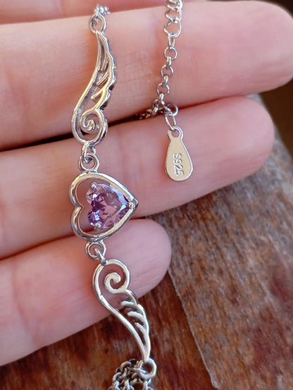 Purple Zircon Heart Angel Wings chain bracelet, sterling silver, love charm trendy  bohemian, gift for women