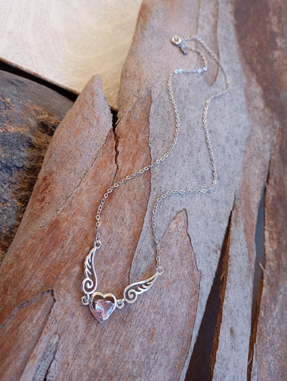 Purple Zircon Heart Angel Wings link chain Necklace, sterling silver, love charm trendy bohemian, gift for women