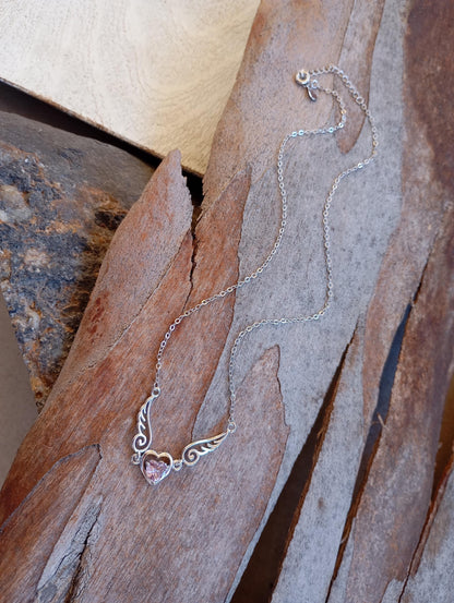 Purple Zircon Heart Angel Wings link chain Necklace, sterling silver, love charm trendy bohemian, gift for women