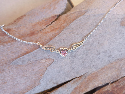 Purple Zircon Heart Angel Wings chain bracelet, sterling silver, love charm trendy  bohemian, gift for women