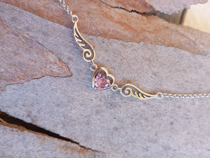 Purple Zircon Heart Angel Wings link chain Necklace, sterling silver, love charm trendy bohemian, gift for women