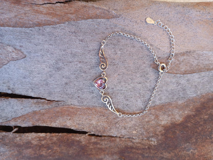 Purple Zircon Heart Angel Wings chain bracelet, sterling silver, love charm trendy  bohemian, gift for women