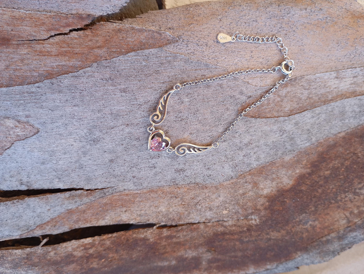 Purple Zircon Heart Angel Wings chain bracelet, sterling silver, love charm trendy  bohemian, gift for women