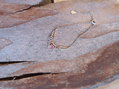 Purple Zircon Heart Angel Wings chain bracelet, sterling silver, love charm trendy  bohemian, gift for women