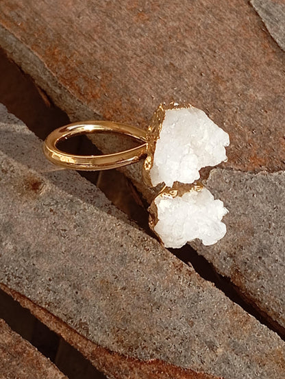 Raw white druzy quartz crystal, adjustable open  finger ring,  fashion dainty elegant women protection semiprecious stone, natural gemstone