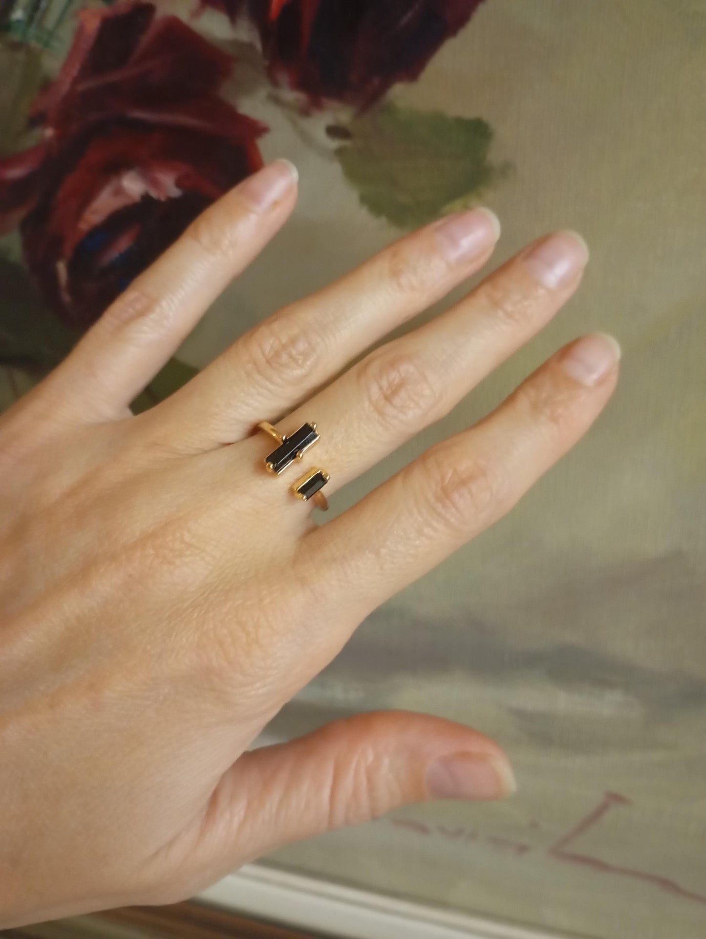 Adjustable open finger ring with Raw Black Tourmaline , natural gemstone, fashion dainty elegant women protection stone