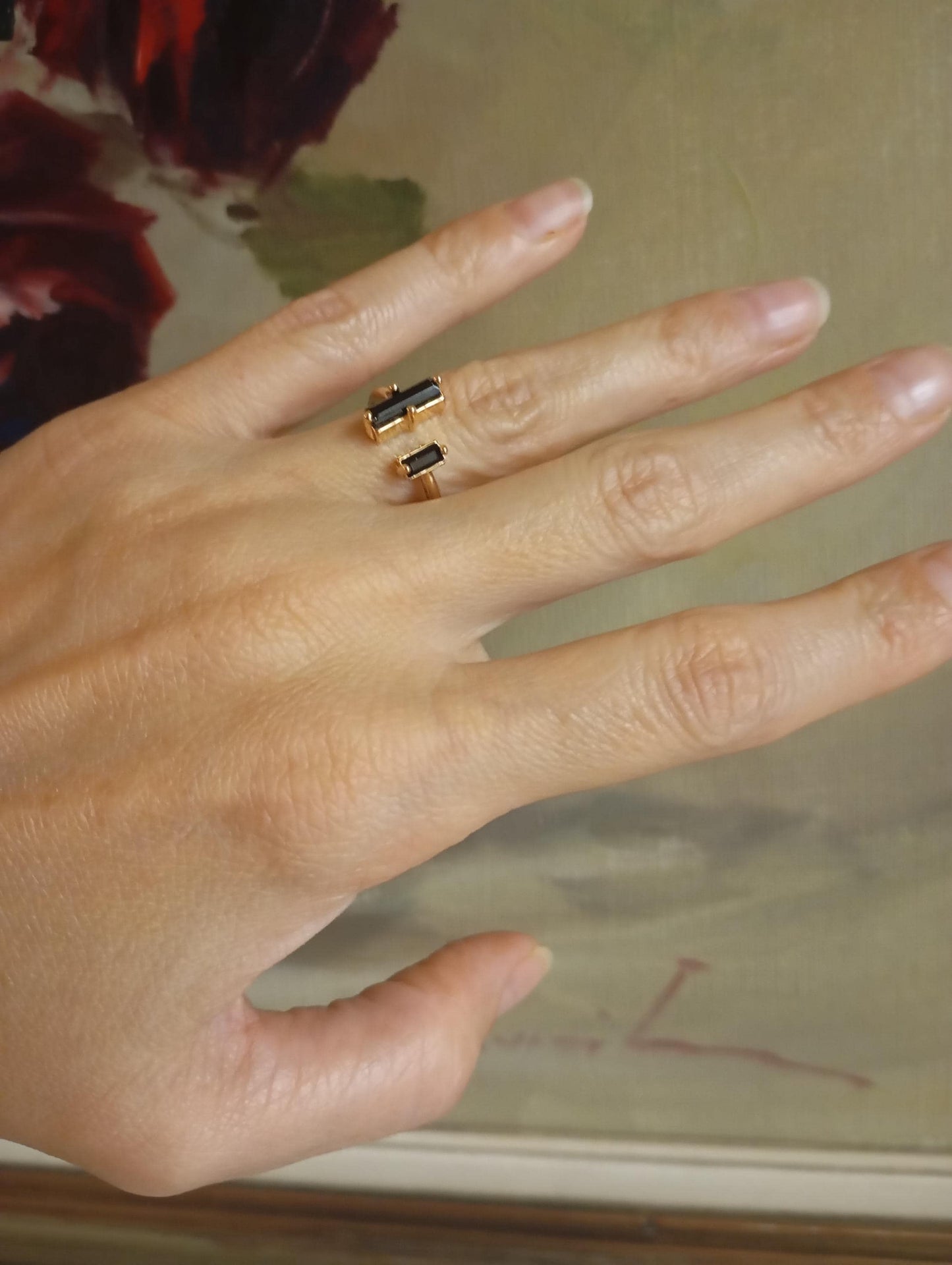 Adjustable open finger ring with Raw Black Tourmaline , natural gemstone, fashion dainty elegant women protection stone