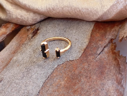 Adjustable open finger ring with Raw Black Tourmaline , natural gemstone, fashion dainty elegant women protection stone