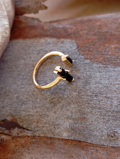 Adjustable open finger ring with Raw Black Tourmaline , natural gemstone, fashion dainty elegant women protection stone