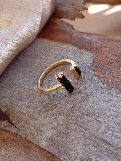 Adjustable open finger ring with Raw Black Tourmaline , natural gemstone, fashion dainty elegant women protection stone