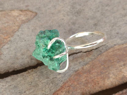 Adjustable open finger ring with Raw Green Malachite, natural gemstone, fashion dainty elegant women protection stone