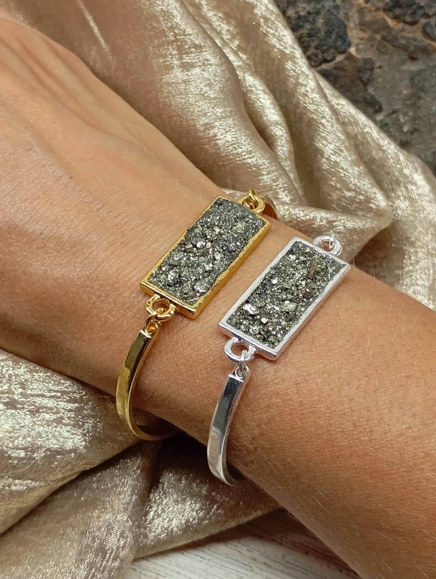 Raw Pyrite rectangular cabochon Bracelet, Wealth Stone, stainless steel gemstone bracelet women, protection healing mascot, handmade