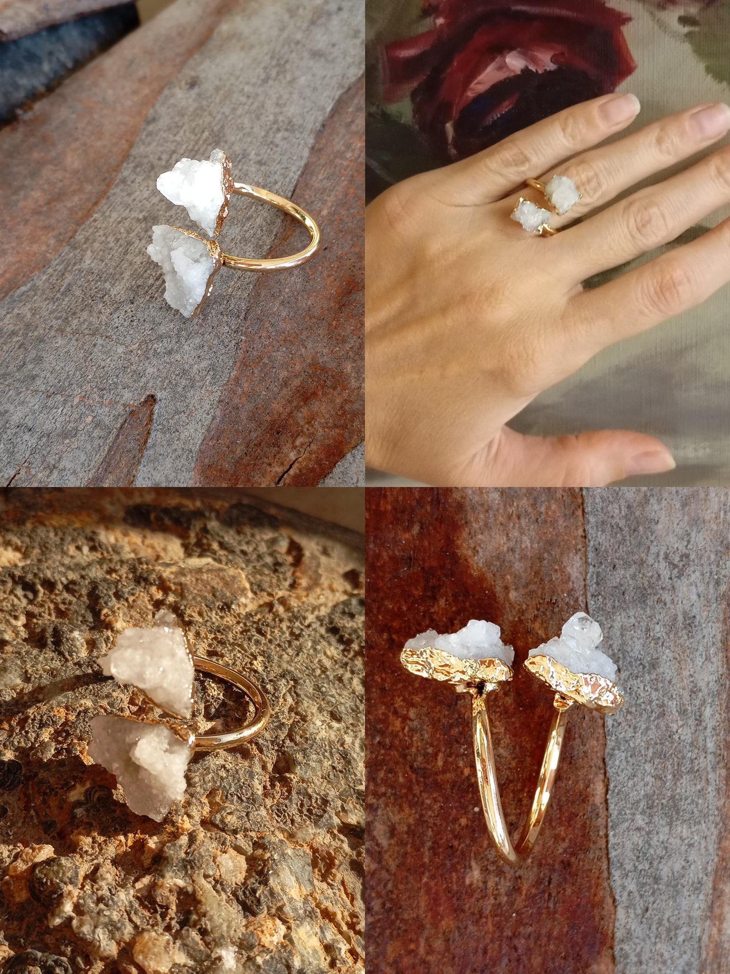 Raw white druzy quartz crystal, adjustable open  finger ring,  fashion dainty elegant women protection semiprecious stone, natural gemstone