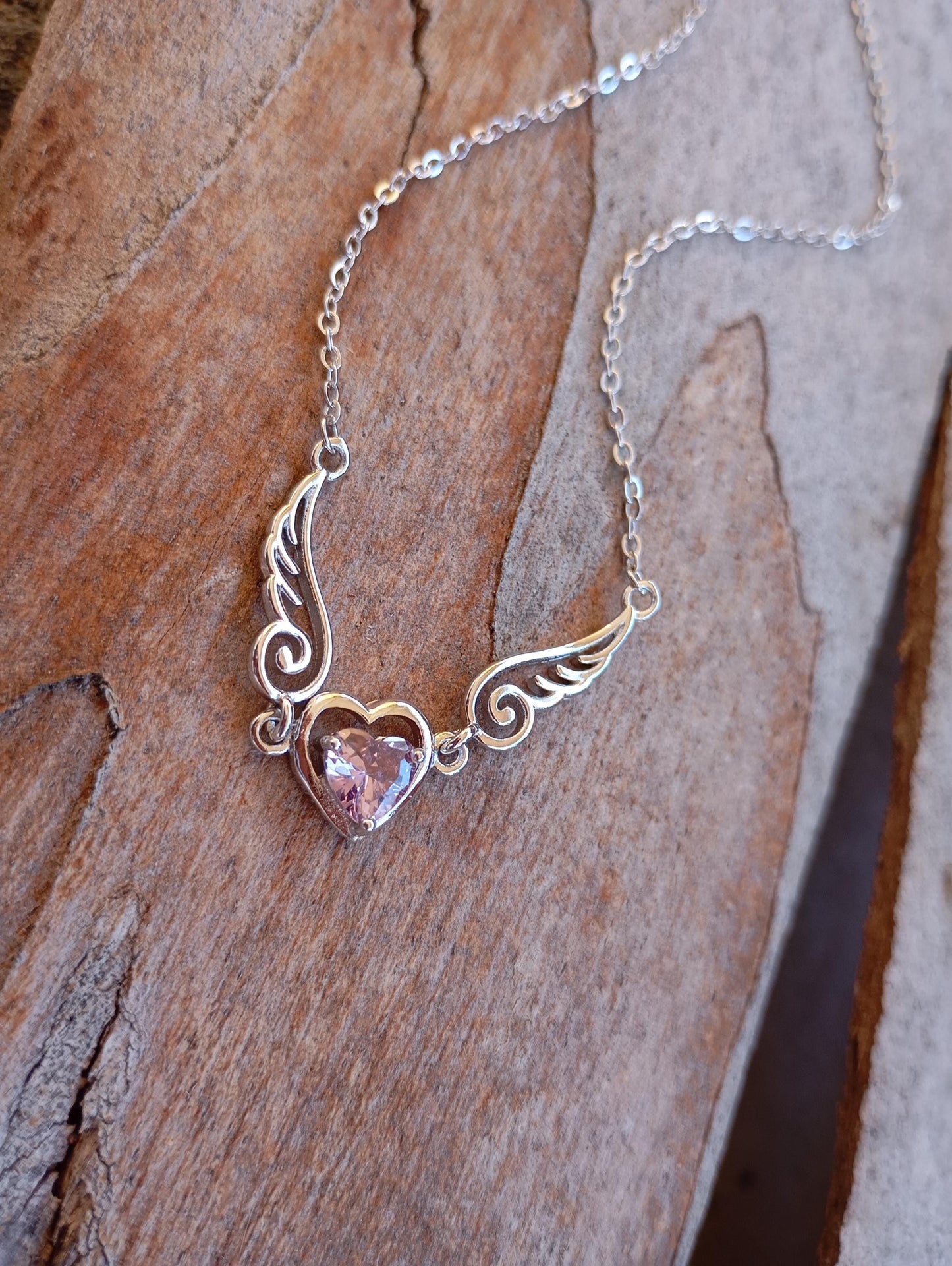 Purple Zircon Heart Angel Wings link chain Necklace, sterling silver, love charm trendy bohemian, gift for women