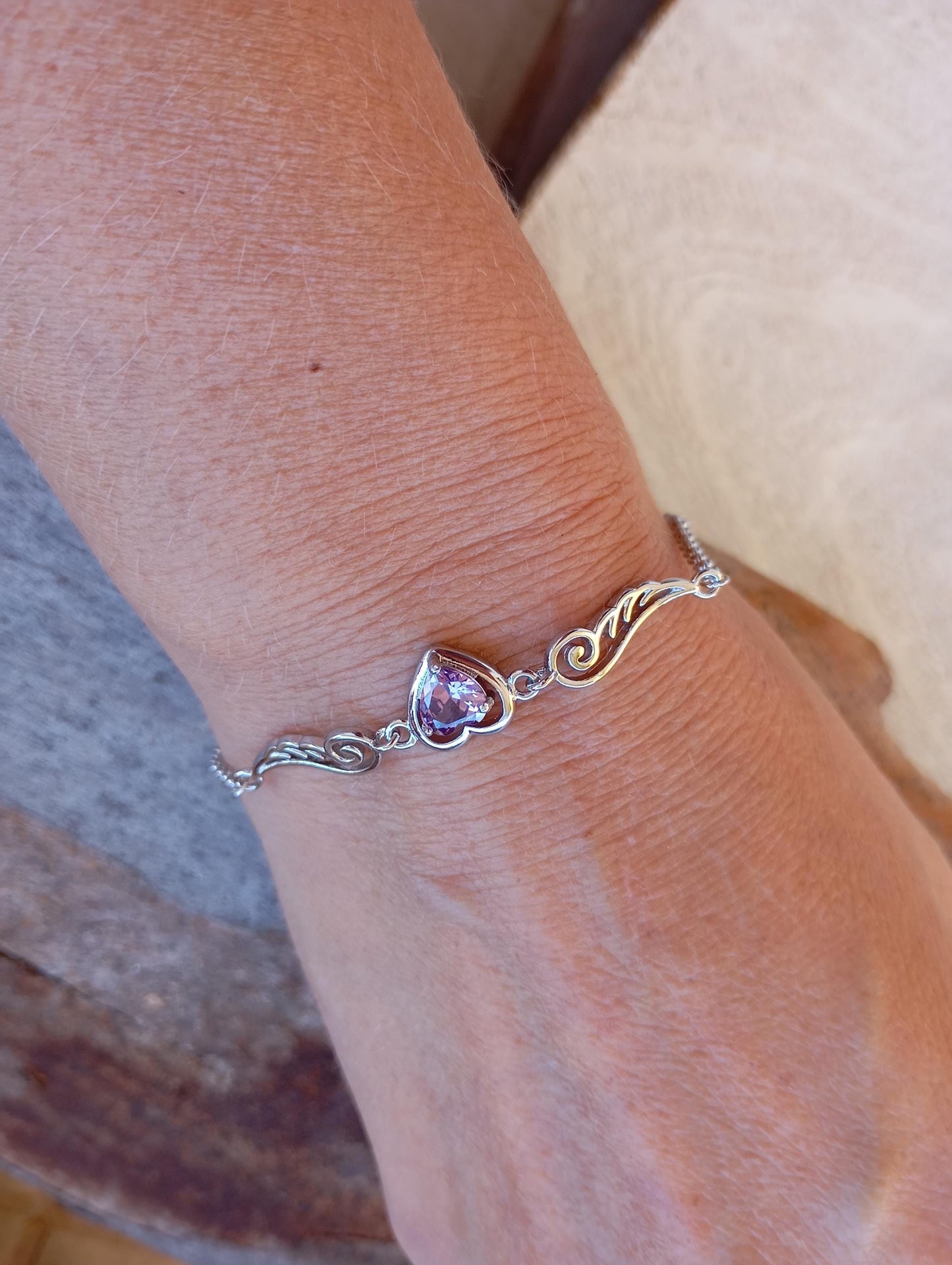 Purple Zircon Heart Angel Wings chain bracelet, sterling silver, love charm trendy  bohemian, gift for women