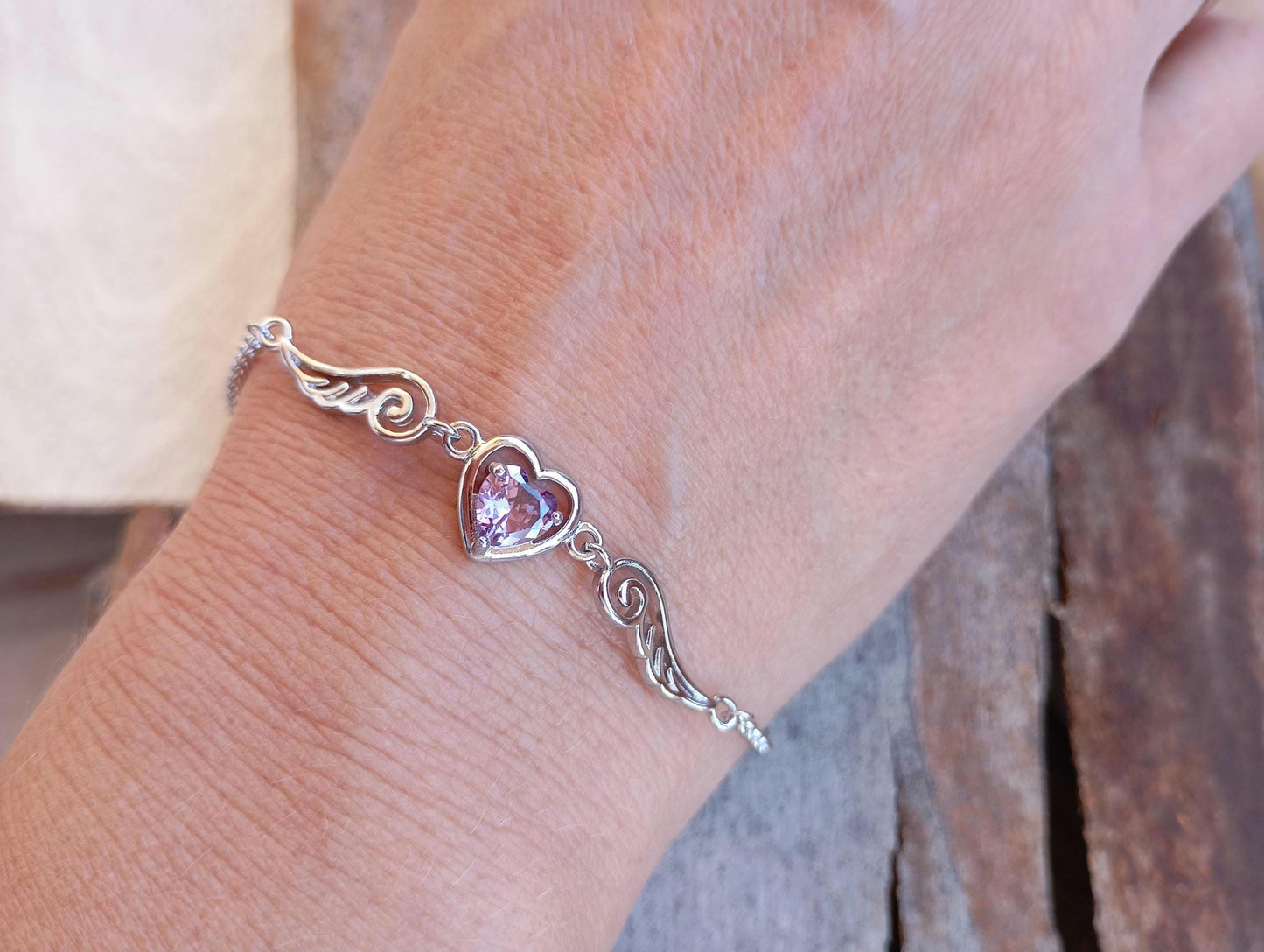 Purple Zircon Heart Angel Wings chain bracelet, sterling silver, love charm trendy  bohemian, gift for women