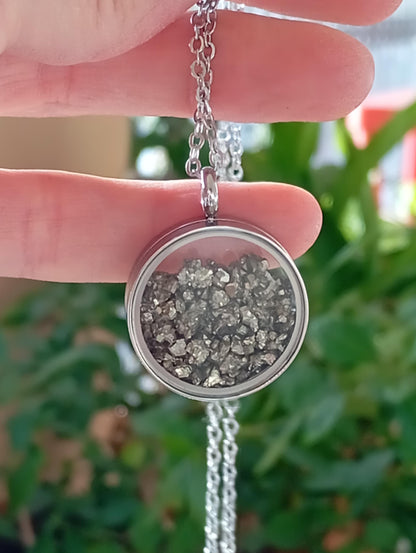 Raw Pyrite Cubes Crystals Necklace, round glass locked Pendant Necklace, Wealth stone Natural Gemstone Necklace, Protection Jewellery