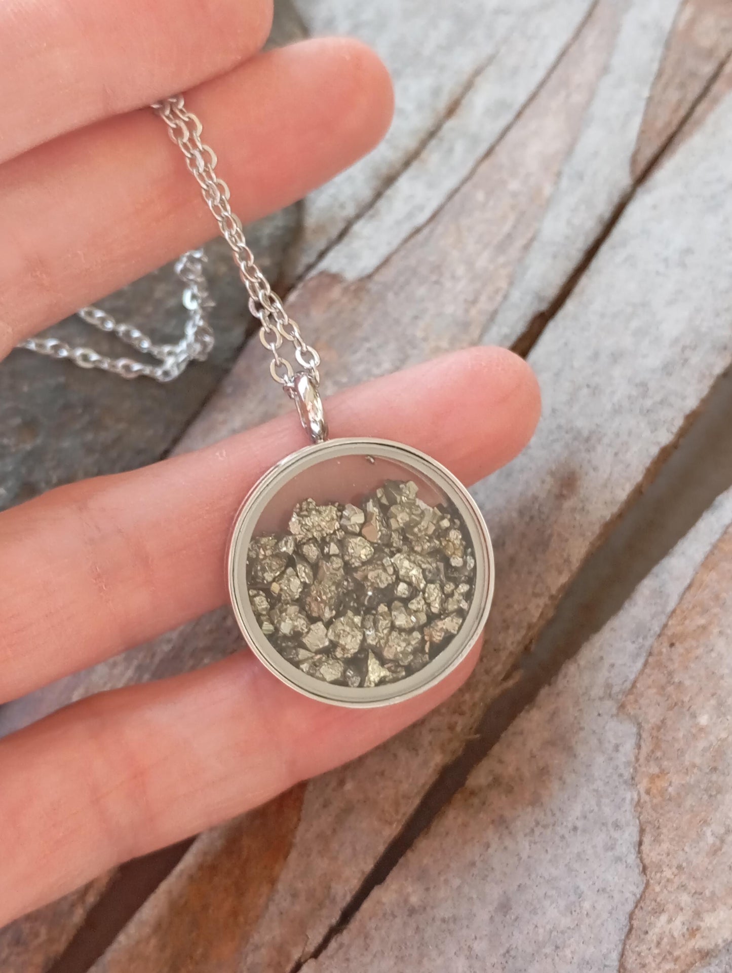 Raw Pyrite Cubes Crystals Necklace, round glass locked Pendant Necklace, Wealth stone Natural Gemstone Necklace, Protection Jewellery