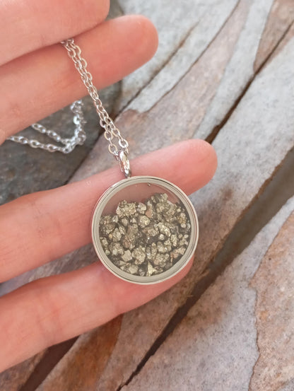 Raw Pyrite Cubes Crystals Necklace, round glass locked Pendant Necklace, Wealth stone Natural Gemstone Necklace, Protection Jewellery