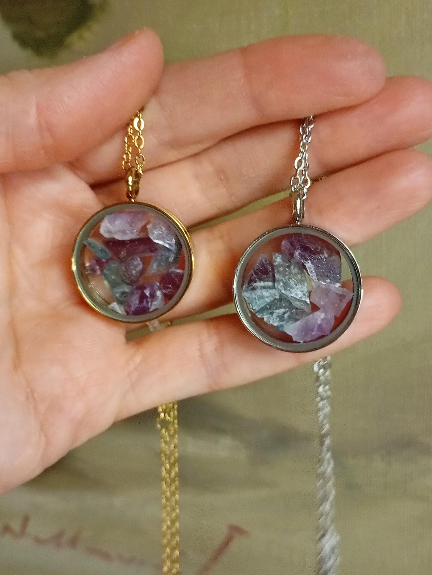 Raw fluorite Crystals Necklace, round glass locked Pendant Necklace, Healing stone Natural Gemstone Necklace, Protection Jewellery