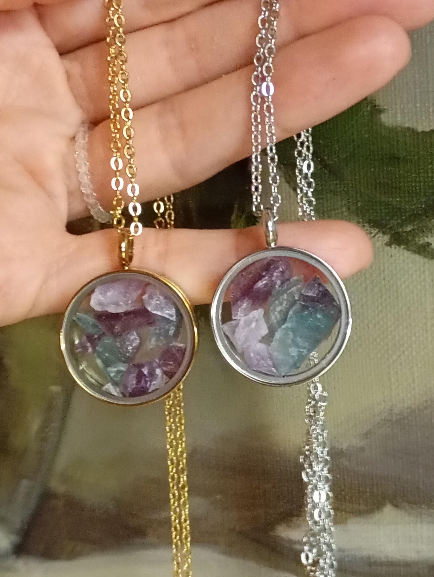 Raw fluorite Crystals Necklace, round glass locked Pendant Necklace, Healing stone Natural Gemstone Necklace, Protection Jewellery