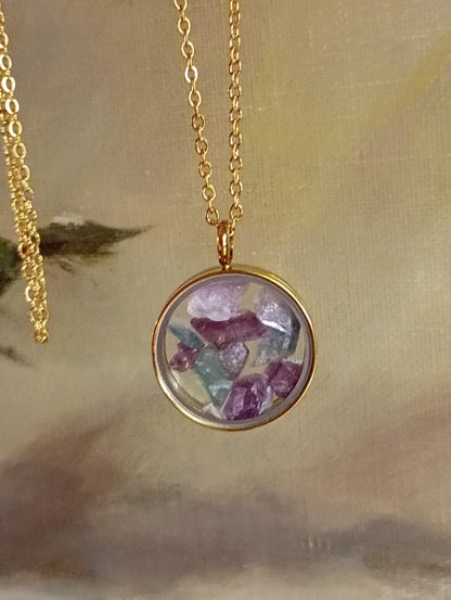 Raw fluorite Crystals Necklace, round glass locked Pendant Necklace, Healing stone Natural Gemstone Necklace, Protection Jewellery
