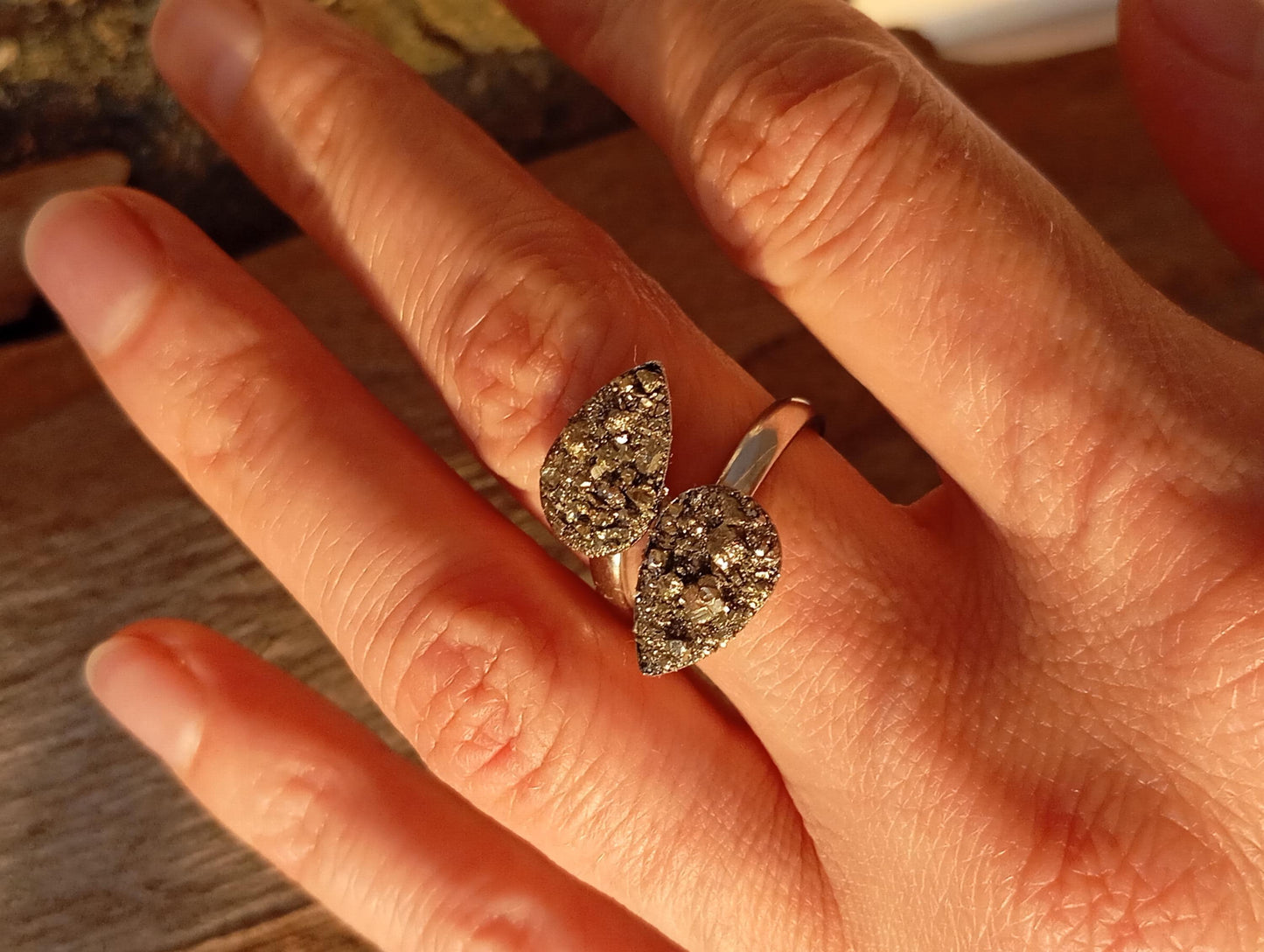 Gold Plated Stainless Steel Raw Pyrite Open Ring – Adjustable Teardrop Boho Statement Ring