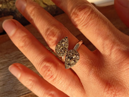Gold Plated Stainless Steel Raw Pyrite Open Ring – Adjustable Teardrop Boho Statement Ring