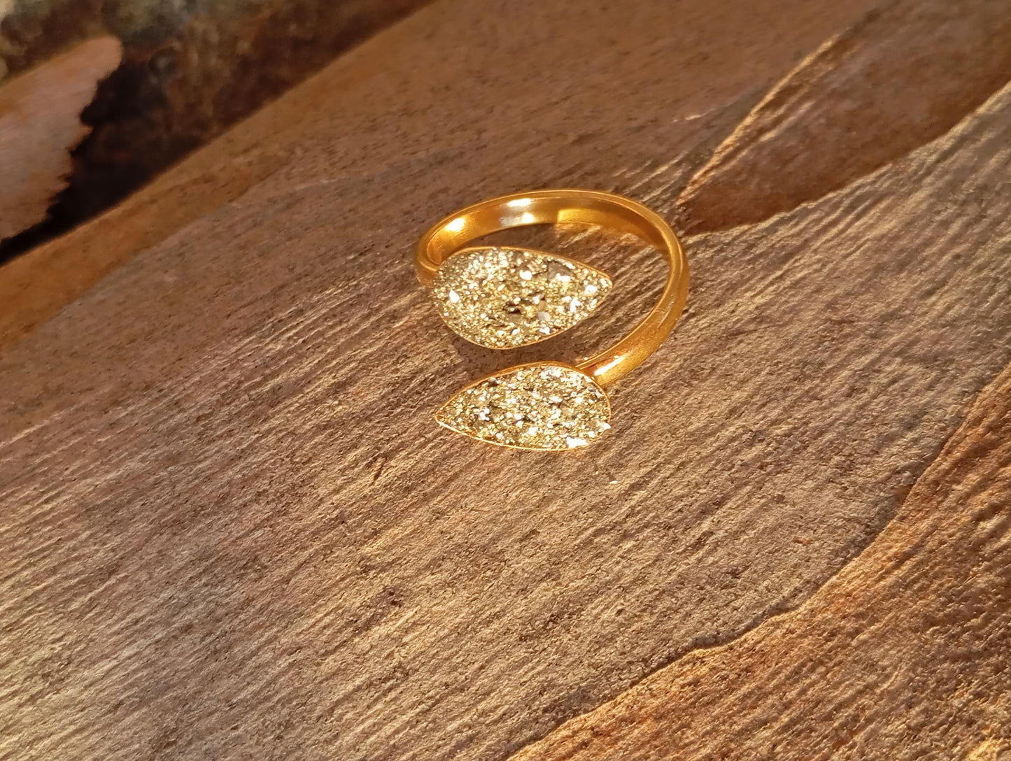 Gold Plated Stainless Steel Raw Pyrite Open Ring – Adjustable Teardrop Boho Statement Ring