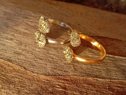 Gold Plated Stainless Steel Raw Pyrite Open Ring – Adjustable Teardrop Boho Statement Ring