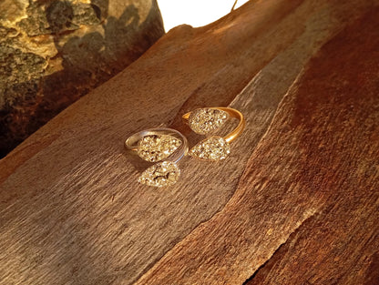 Gold plated stainless steel open ring with raw pyrite chips, adjustable teardrop design, handmade boho jewelry