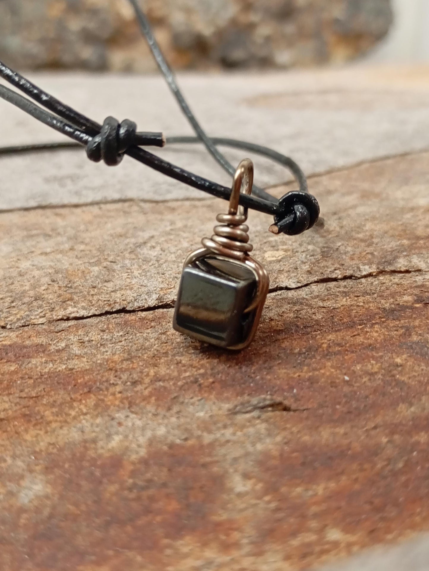 Hematite Cube Pendant Necklace Handmade wire wrap, Grounding, Healing Protection stone, Gift for men