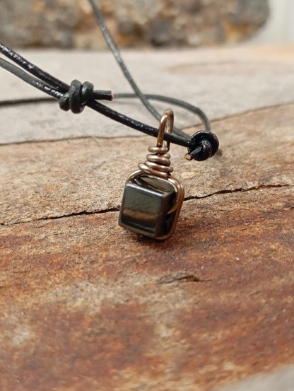 Hematite Cube Pendant Necklace Handmade wire wrap, Grounding, Healing Protection stone, Gift for men