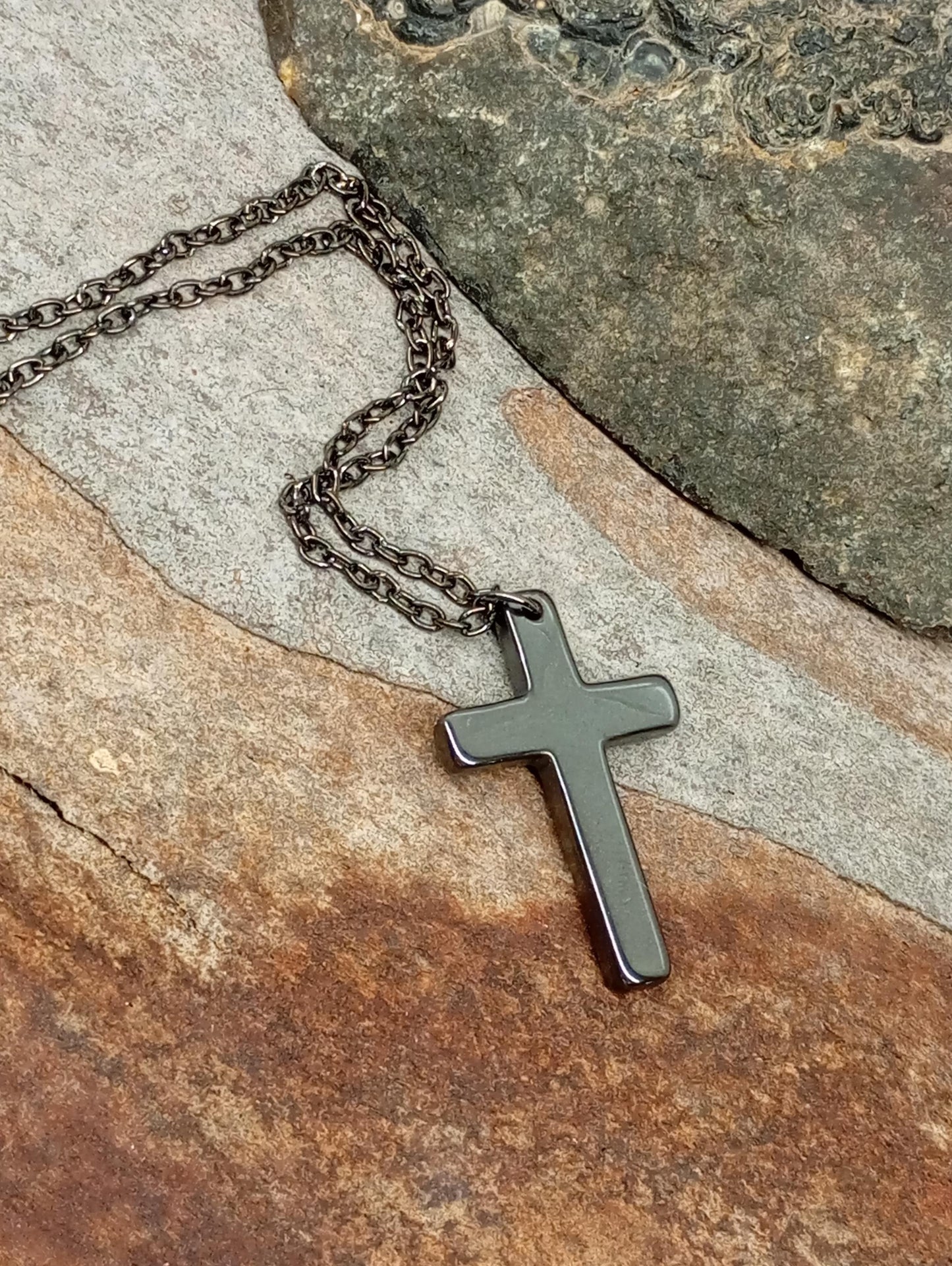 Hematite Cross Pendant Necklace,  Christian Religious Classic Cross Charms Gemstone Necklace, stainless steel chain Men , Gift for beliver