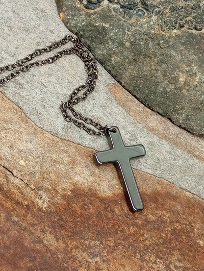 Hematite Cross Pendant Necklace,  Christian Religious Classic Cross Charms Gemstone Necklace, stainless steel chain Men , Gift for beliver
