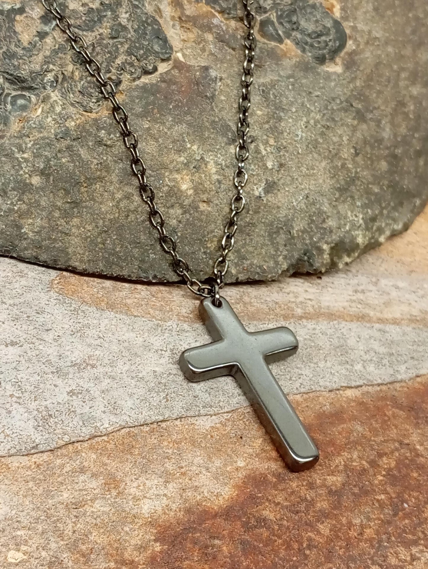 Hematite Cross Pendant Necklace,  Christian Religious Classic Cross Charms Gemstone Necklace, stainless steel chain Men , Gift for beliver