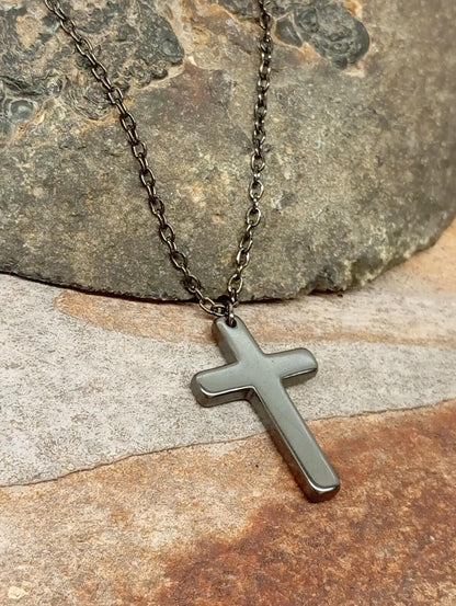 Hematite Cross Pendant Necklace,  Christian Religious Classic Cross Charms Gemstone Necklace, stainless steel chain Men , Gift for beliver