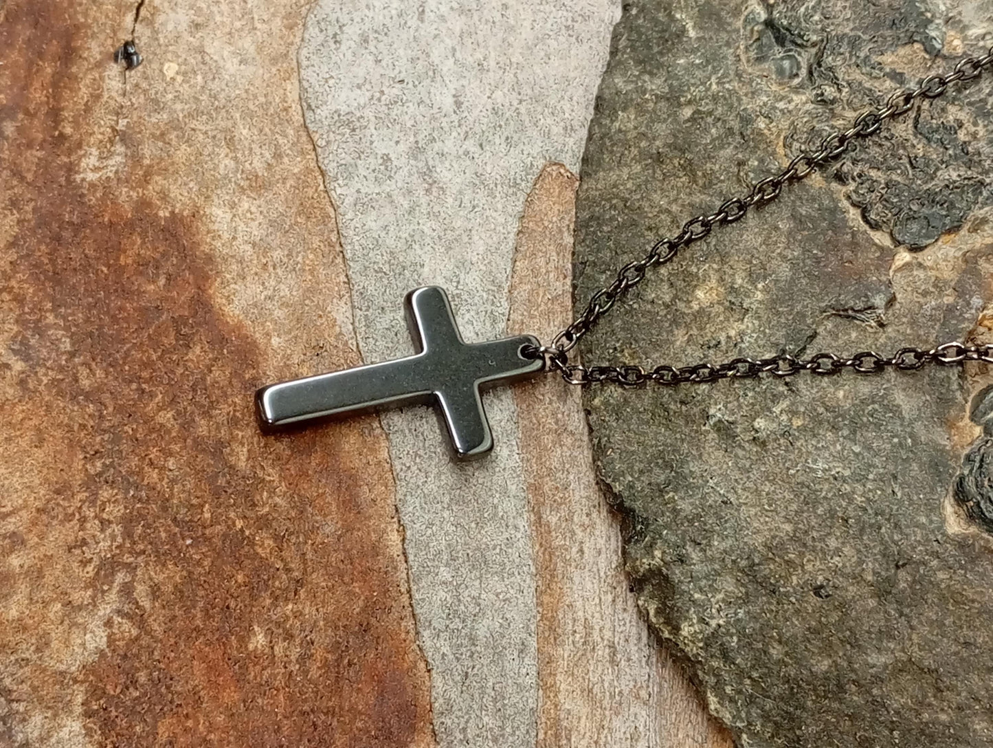 Hematite Cross Pendant Necklace,  Christian Religious Classic Cross Charms Gemstone Necklace, stainless steel chain Men , Gift for beliver