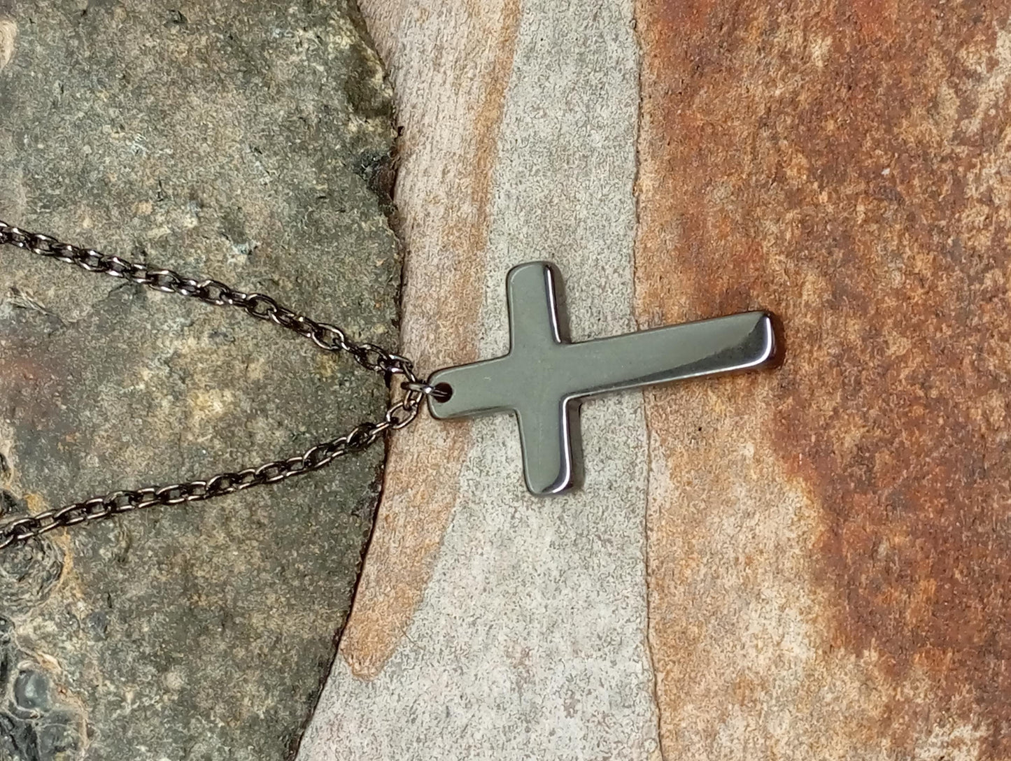 Hematite Cross Pendant Necklace,  Christian Religious Classic Cross Charms Gemstone Necklace, stainless steel chain Men , Gift for beliver
