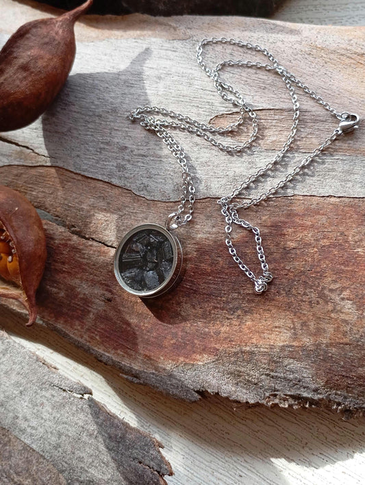 Raw Black Tourmaline in round glass locked Pendant Protection Necklace, Gemstone Healing crystal,bohemian charm  reiki, mascot