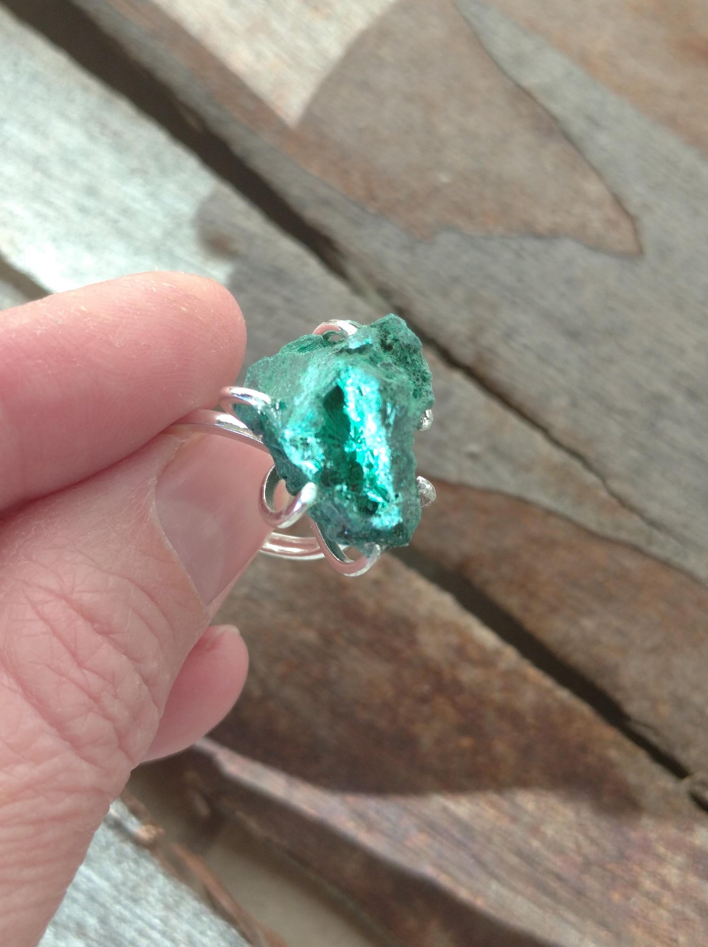 Adjustable open finger ring with Raw Green Malachite, natural gemstone, fashion dainty elegant women protection stone