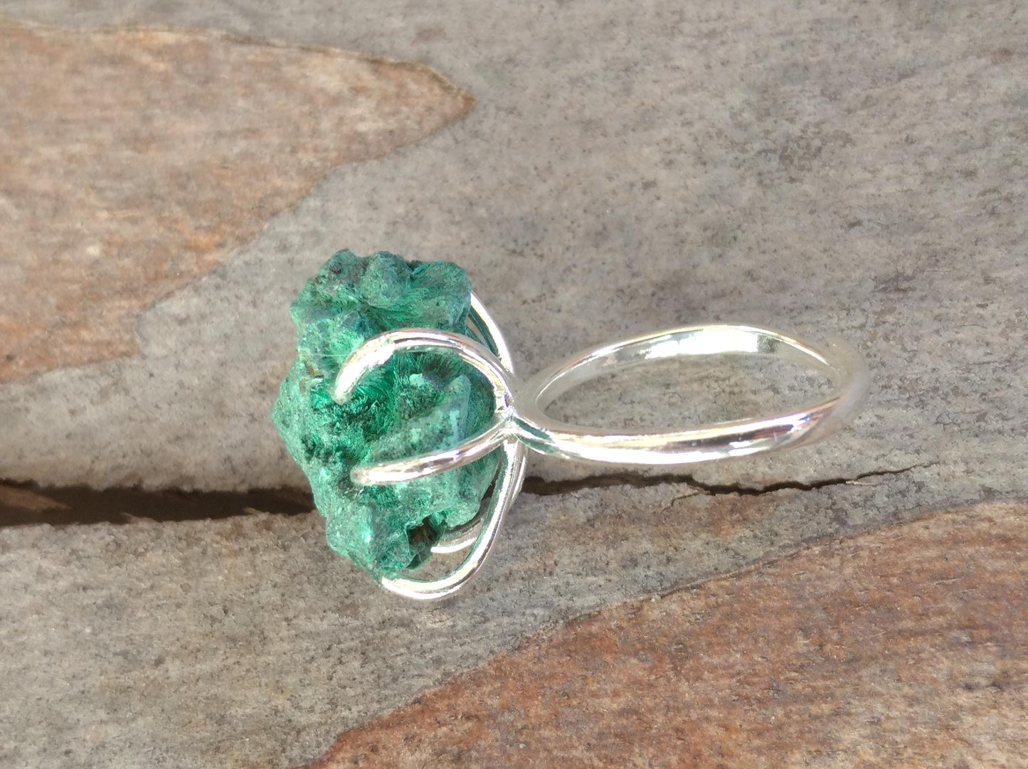 Adjustable open finger ring with Raw Green Malachite, natural gemstone, fashion dainty elegant women protection stone