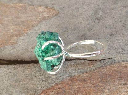 Adjustable open finger ring with Raw Green Malachite, natural gemstone, fashion dainty elegant women protection stone